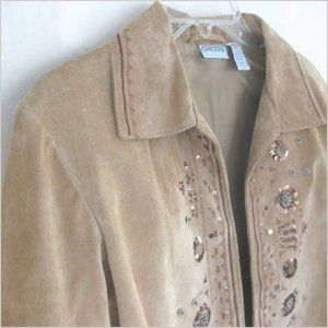 Genuine suede jacket M Chicos 1 Embellished Tan Open front Sequins Beads Brown 8